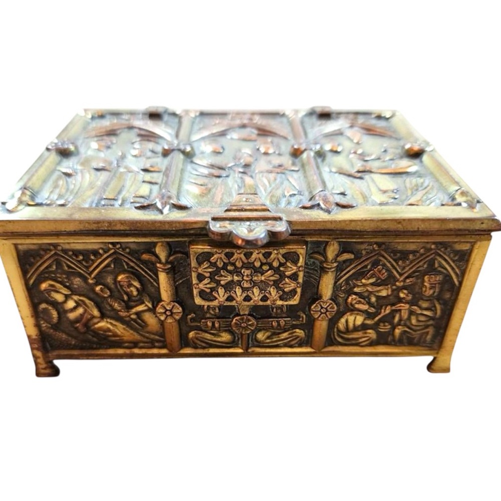 Antique Ornate Gold Finish Solid Metal Jewelry Box Medieval   Trinket